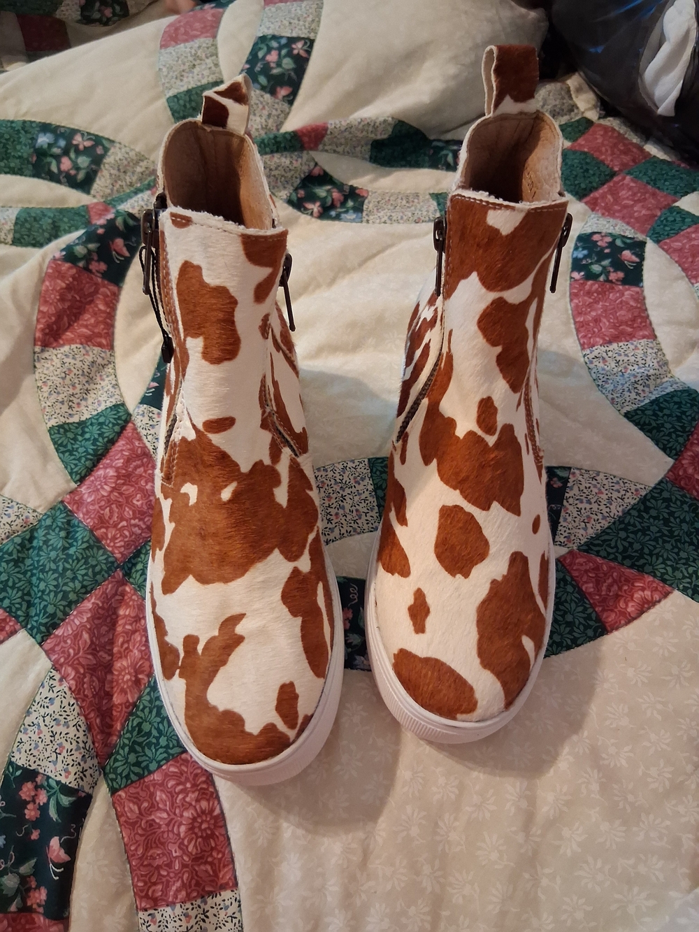 Western Wear Leather Cow-Print Ankle Booties - White & Brown